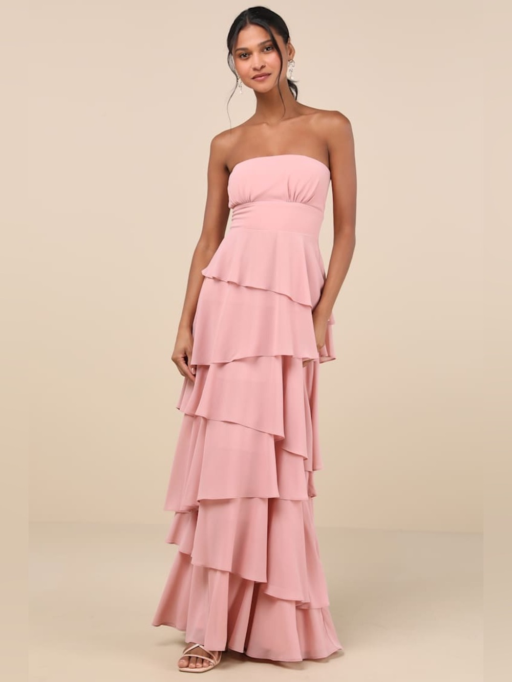 🆕(NWT) LULUs Gorgeous Essence Blush Strapless Tiered Maxi Dress. Size MEDIUM